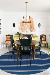Veranda VR-16 blue striped polypropylene rug styled on outdoor patio
